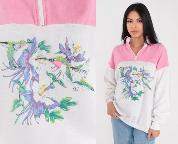 Hummingbird Sweatshirt 90s Floral Quarter Zip Sweatshirt Columbine Flower Bird Print Graphic Sweater White Pink Vintage 1990s Extra Large xl