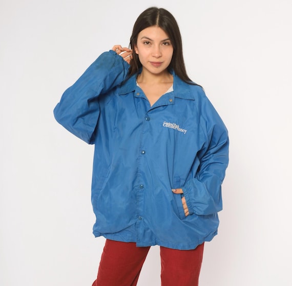 90s Blue Coach Jacket Windbreaker Lightweight Rain Shell NYC New York Souvenir Travel Park Conservation Sporty Coat Pockets Vintage Large L