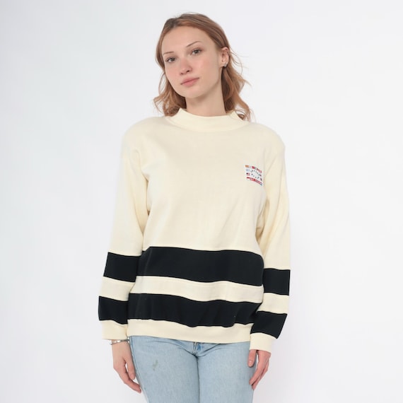 90s Flag Sweatshirt Cream Black Striped Pullover Around The World International Patch Crew Neck Off White Ivory Minimal Casual Medium M