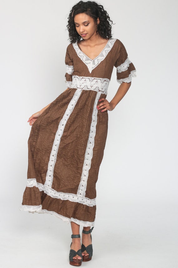 Mexican Maxi Dress Brown Bohemian 70s Mexican Wed… - image 2