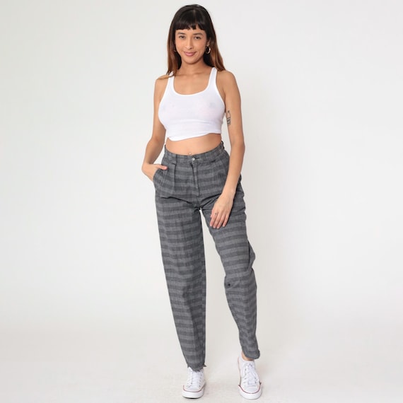 Vintage Grey Striped Trousers 80s Pleated Pants High Waisted Tapered Leg Cotton Slacks Office Preppy Horizontal Stripes 1980s Small 28