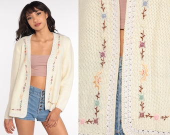 Embroidered Cardigan Sweater Cream Floral Sweater 70s Grandma Sweater Boho Open Front 1970s Hippie Vintage Retro Knit Sweater Small Medium