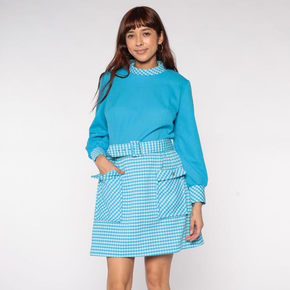 Mod Mini Dress 70s Turquoise Blue Gingham Scooter Peter Pan Collar Long Sleeve Ribbed Aqua White Checkered Baby Doll Vintage Small S