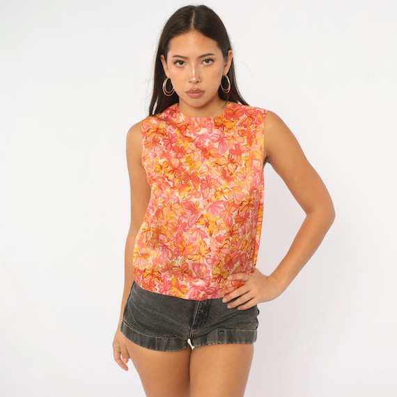 60s Butterfly Print Blouse White Orange Pink Floral Sleeveless  Back Zipper Mod Summer Boxy Cropped Shirt Coral Tank Vintage Small S