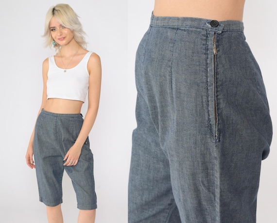 60s Blue Capri Pants Chambray Pedal Pushers High Waist Side Zipper Knee Length Trousers Pinup Mid Century 1960s Small