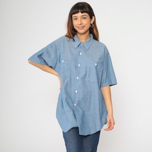 Vintage Button Up Shirt 80s Blue Chambray Shirt Short Sleeve Collared Workwear Shirt Utility 1980s Streetwear Men&#39;s 17 - 17 1/2 xl