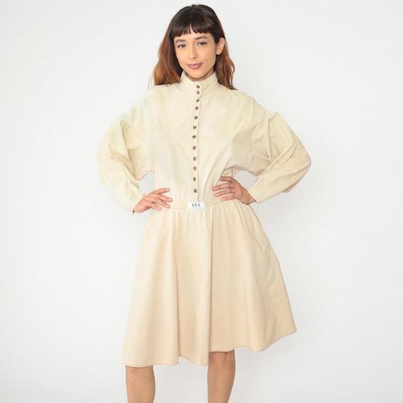 90s Safari Dress Cream Cotton Dress Long Sleeve High Neck Elastic Waist Prairie Vintage Minimalist Cottagecore Light Academia Medium M