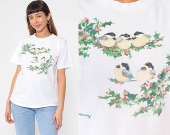 Solvang Bird Shirt 90s T-Shirt Winter Holly Chickadee Graphic Tee Retro California TShirt Single Stitch White Vintage 1990s Medium