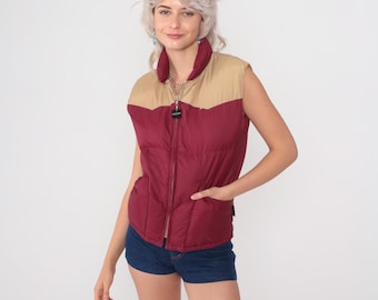 Down Puffer Vest 80s Vintage Burgundy Tan Western Zip Front Sleeveless Jacket Pacific Trail Nylon Ski Vest Maroon Hiking Camping Small S