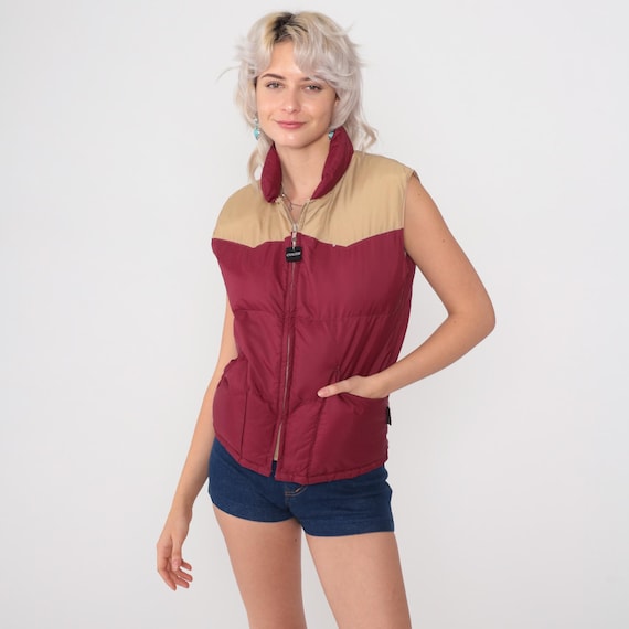 Down Puffer Vest 80s Vintage Burgundy Tan Western Zip Front Sleeveless Jacket Pacific Trail Nylon Ski Vest Maroon Hiking Camping Small S