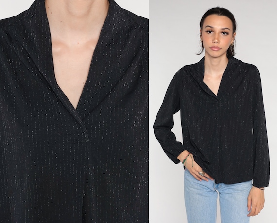 Metallic Blouse 70s Black Gold Sparkly Top Stripe… - image 1