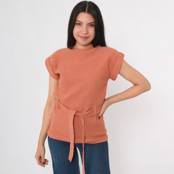 Vintage Knit Sweater Top 90s Peach Belted Pullover Button Shoulder Cap Sleeve Slouchy Fit 1990s Jill Stuart Boho Chic Small Petite P/S