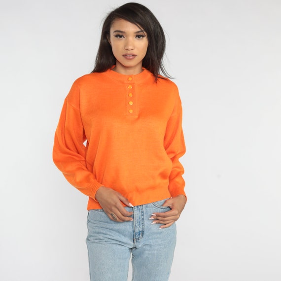 Orange Henley Sweater 80s Knit Button Up Pullover Sweater Retro Basic Bright Acrylic Preppy Normcore Plain Solid Vintage 1980s Small S
