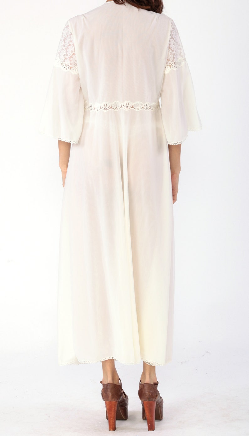 Long White Robe Lingerie Jacket 70s LACE Kimono Robe Maxi Lingerie Nylon Peignoir Bridal 1970s Empire Vintage Small Medium Large