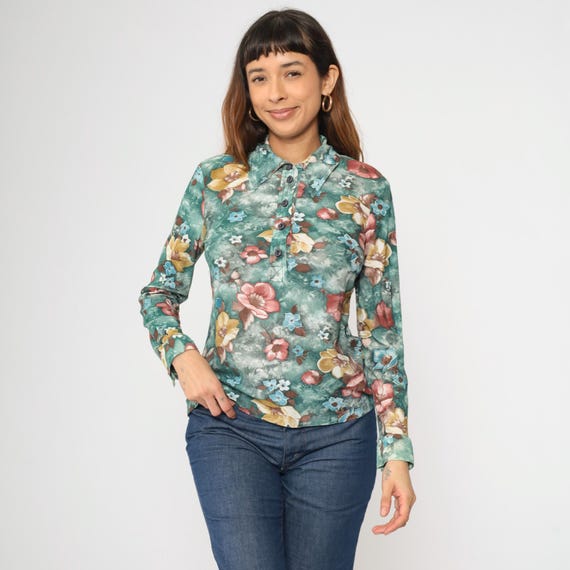 Vintage 70s Green Floral Blouse Quarter Button Up Botanical Boho Shirt Dagger Collar Disco Bohemian Top 1970s Hippie Long Sleeve Medium M