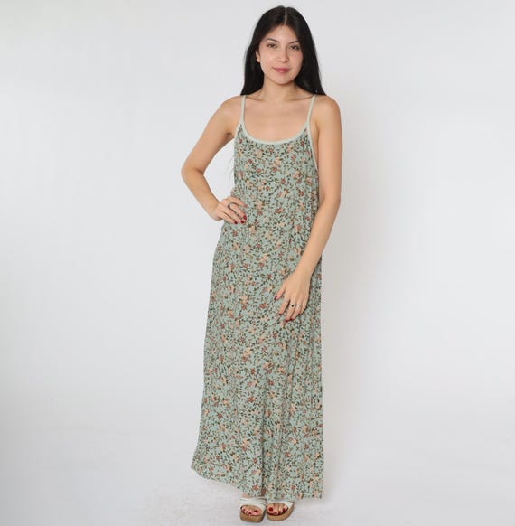 90s Floral Sun Dress Sundress Maxi Sage Green Grunge Vintage Boho Scoop Back 1990s Bohemian Spaghetti Strap Summer Gingham Trim Large