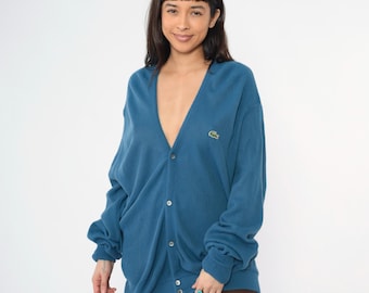 Vintage Blue Lacoste Cardigan Sweater 80s Button Up Izod Crocodile Acrylic Knit V Neck Slouchy 1980s Preppy Men's Extra Large xl