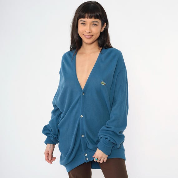 Vintage Blue Lacoste Cardigan Sweater 80s Button Up Izod Crocodile Acrylic Knit V Neck Slouchy 1980s Preppy Men's Extra Large xl