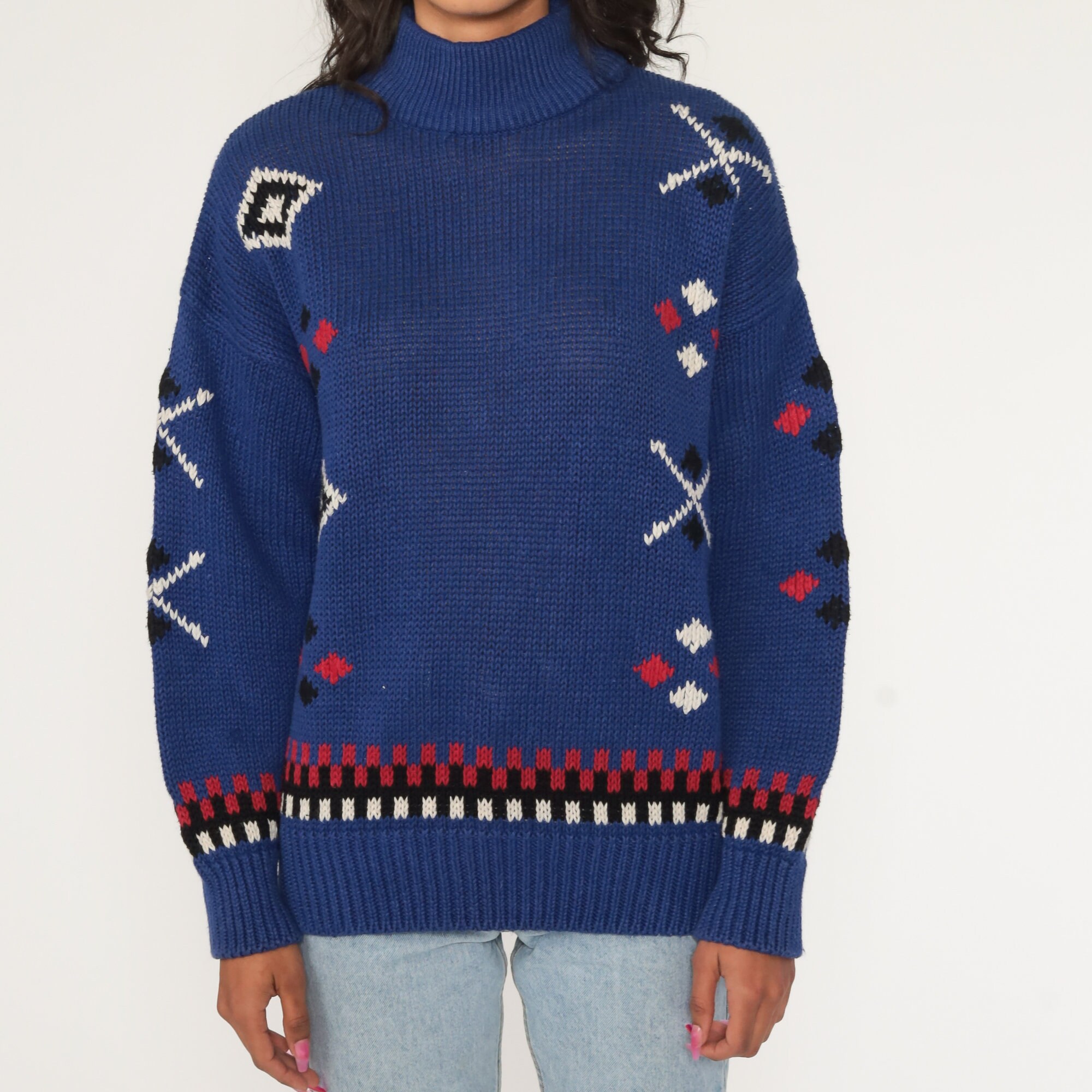 80s GEOMETRIC Sweater Esprit Mock Neck Cotton Ramie Knit Jumper