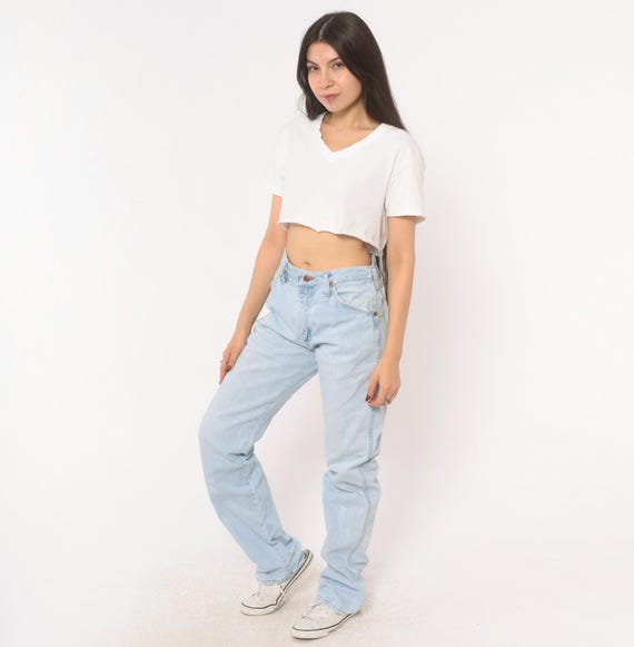 Wrangler Light Wash Jeans 90s Straight Leg Denim High Rise Cotton Western Cowboy Pants Faded Blue Trousers Vintage Slacks Casual Everyday 29