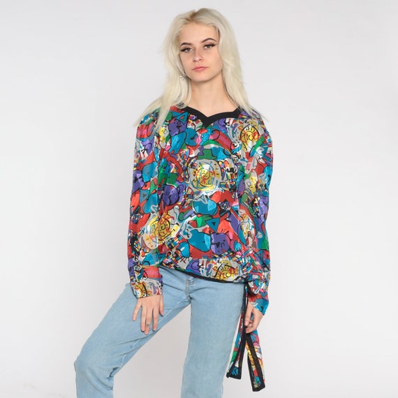 Abstract Print Shirt Y2k Tie Belted Blouse Silk S… - image 2