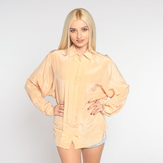 Peach Silk Blouse 90s Button Up Top Pleated Formal Preppy Collared Shirt Plain Minimalist Long Sleeve Collar Simple Vintage 1980s Medium 8