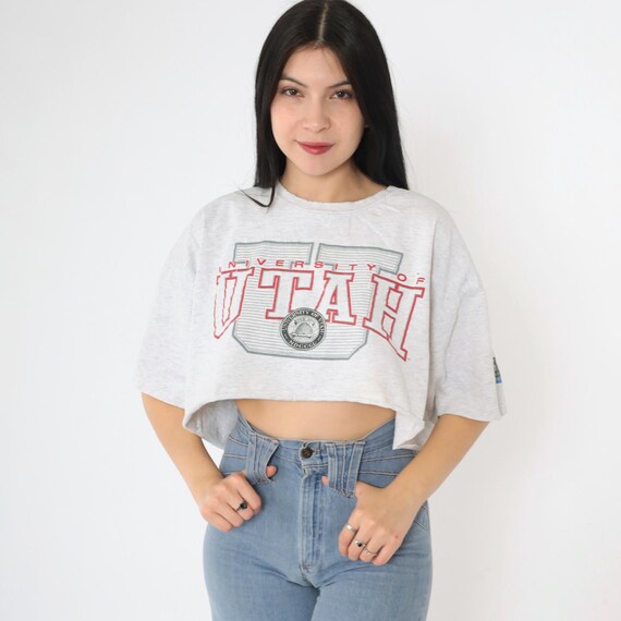 90s University of Utah Shirt Vintage Grey College Crop Top Utes Graphic TShirt Retro Tee Short Sleeve Raw Hem Oversized Medium Large
