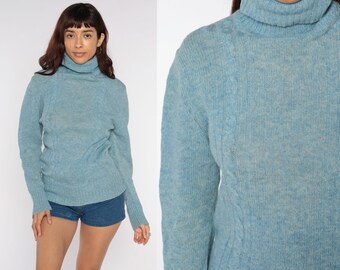 Blue Wool Sweater Turtleneck Sweater Cable Knit Sweater 80s Pullover Sweater Jumper Vintage 1980s Funnel Neck Medium