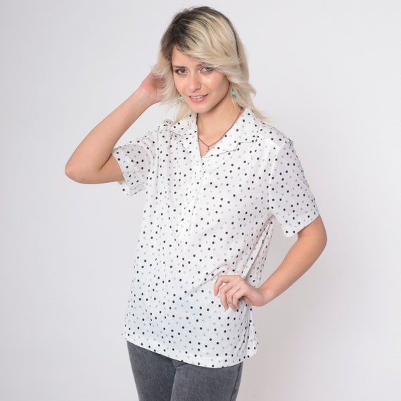 Polka Dot Blouse 70s Button Up Collared Shirt Whi… - image 5