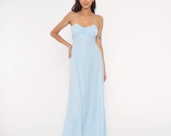 Vestido largo azul claro de los años 70 con tirantes finos, escote corazón, cintura imperio, estilo lencero, estilo vintage, largo hasta el suelo, ideal para fiestas y graduaciones, talla XS.