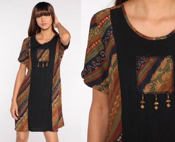90s Mini Dress Beaded Hippie Dress Shift Striped Dress Boho Grunge Boho Vintage 1990s Sheath Short Sleeve Black Small S