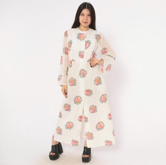 70s Quilted Floral Dress White Bouquet Print Cotton Button Front Long Sleeve Ankle Length Sheer Bodice Pink  Balloon Sleeve Vintage Small S