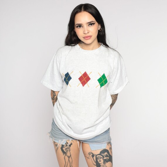 Argyle Checkered Shirt 90s Heather Grey Geometric Crewneck Tshirt Graphic Top Preppy Tee Short Sleeve T Shirt 1990s Vintage Medium