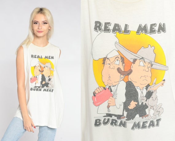 Real Men Burn Meat Shirt Y2k Funny Tank Top Barbecue BBQ Cowboy Chef Coyote Graphic Tee Retro Joke T-shirt Vintage 00s Extra Large xl