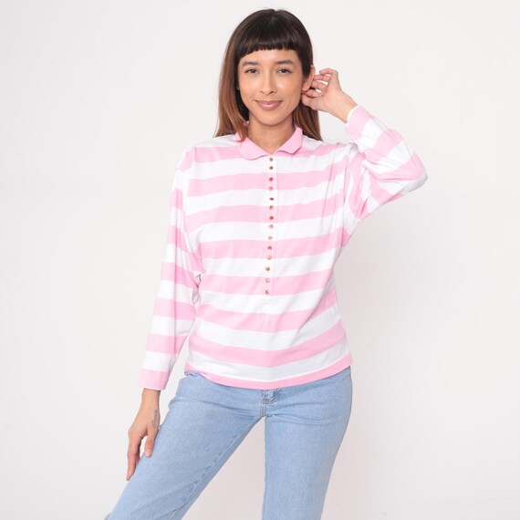 Pink White Striped Button Up Shirt 80s Cotton Preppy Coquette Pop Princess Blouse Top Vintage Feminine Cute Office Work Professional Small S