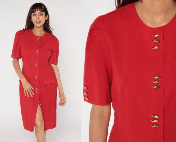 Red Sheath Dress 80s Midi Short Puff Sleeve Leslie Fay Dress Secretary Gold Button Up Simple Plain Vintage 1980s Minidress Medium