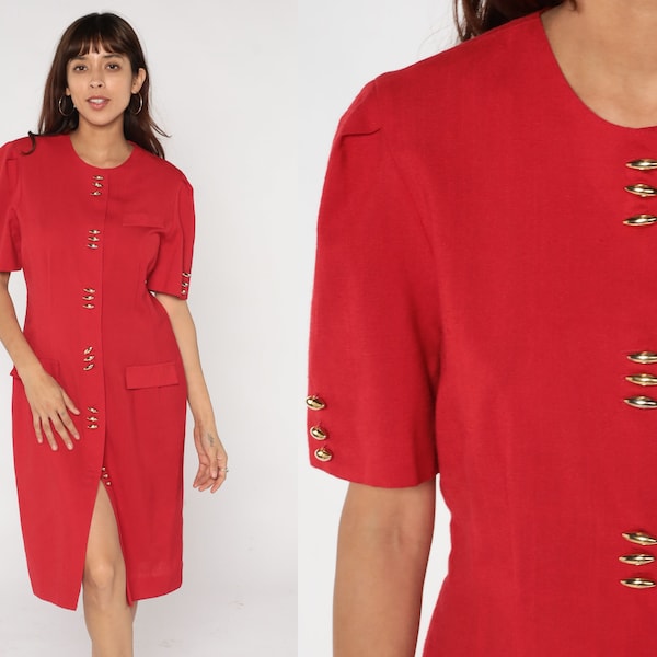 Red Sheath Dress 80s Midi Short Puff Sleeve Leslie Fay Dress Secretary Gold Button Up Simple Plain Vintage 1980s Minidress Medium