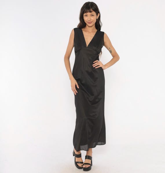 90s Sheer Black Slip Dress Deep V Neck Sleeveless Maxi Pintuck Bodice Empire Waist Lingerie Nightgown Goth Dark Feminine Vintage Medium M