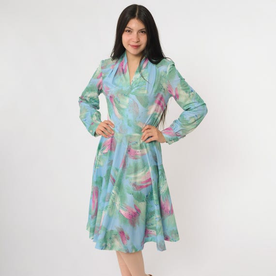 70s Watercolor Dress V-Neck Abstract Floral Blue Green Pink Artistic Painterly Bohemian Flowing Wrap Style Dreamy Ethereal Soft Medium M