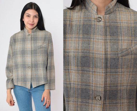 Plaid Wool Jacket 70s Grey Checkered Print Retro Train Button Up Coat High Mandarin Collar Preppy Academia Vintage 1970s Small Medium
