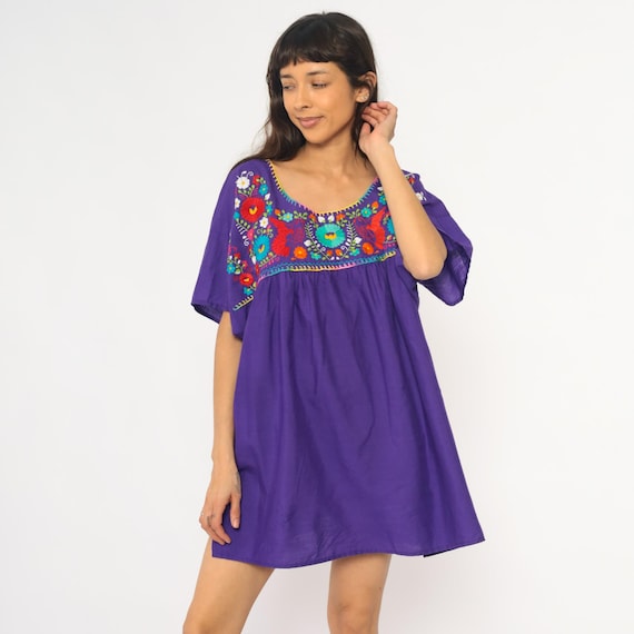 Mexican Embroidered Mini Dress 90s Purple Cotton Tunic Colorful Floral Peasant Oaxacan Cottagecore Ethnic Folk Art Vintage Extra Large XL