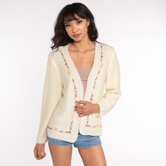 Embroidered Cardigan Sweater Cream Floral Sweater 70s Grandma Sweater Boho Open Front 1970s Hippie Vintage Retro Knit Sweater Small Medium