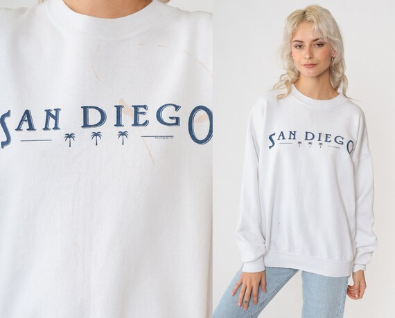 San Diego Sweatshirt 90s Distressed Paint Splatter Palm Tree California Shirt Retro Tourist Top Graphic Tee White Vintage 1990s Hanes Large