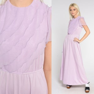 Lavender Party Dress 70s Maxi Dress Asymmetrical Chiffon Ruffle Sheer Puff Sleeve High Waisted Formal Pastel Purple Gown Vintage 1970s Small image 1