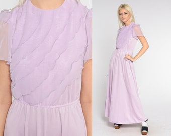 Lavender Party Dress 70s Maxi Dress Asymmetrical Chiffon Ruffle Sheer Puff Sleeve High Waisted Formal Pastel Purple Gown Vintage 1970s Small
