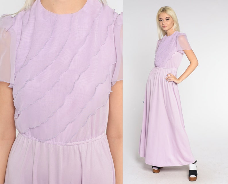 Lavender Party Dress 70s Maxi Dress Asymmetrical Chiffon Ruffle Sheer Puff Sleeve High Waisted Formal Pastel Purple Gown Vintage 1970s Small image 1