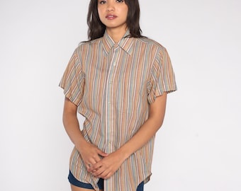 Pastel Striped Shirt 80s Short Sleeve Button Down Tan Blue Peach Green Pointed Collar Stripe Pattern Summer Spring Office Top Medium Medium
