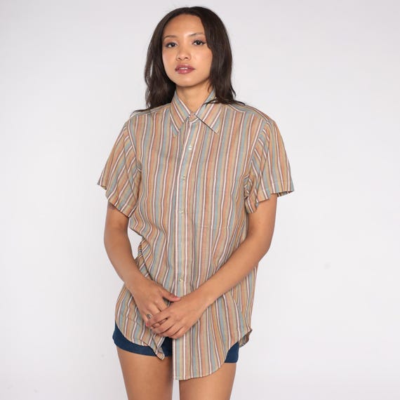 Pastel Striped Shirt 80s Short Sleeve Button Down Tan Blue Peach Green Pointed Collar Stripe Pattern Summer Spring Office Top Medium Medium