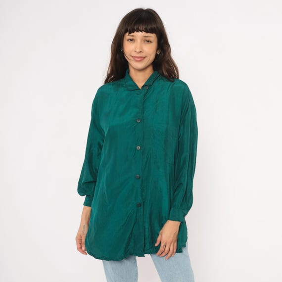 Teal Silk Shirt 90s Button Front Blouse Emerald Green Drop Shoulder Balloon Sleeve Pocket Top Relaxed Fit Camp Collar Longline Vintage Small