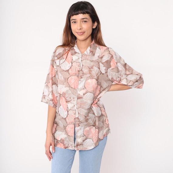 Silk Leaf Blouse 90s Collar Elbow Sleeve Botanical Pattern Beige Pink Cream Neutral Long Tunic Vintage Academia Summer Lightweight Medium M